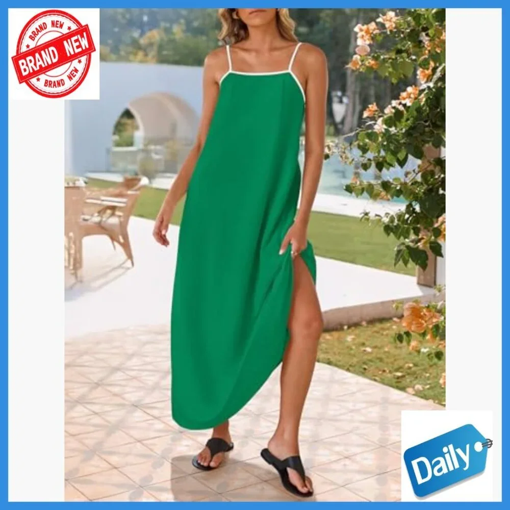 Sleeveless Maxi Dress Spaghetti Straps Square Neck Backless Loose Fit